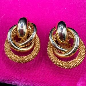 Vintage Erwin Pearl Gold Tone Knot Drop Clip-On Earrings Statement 80s Designer